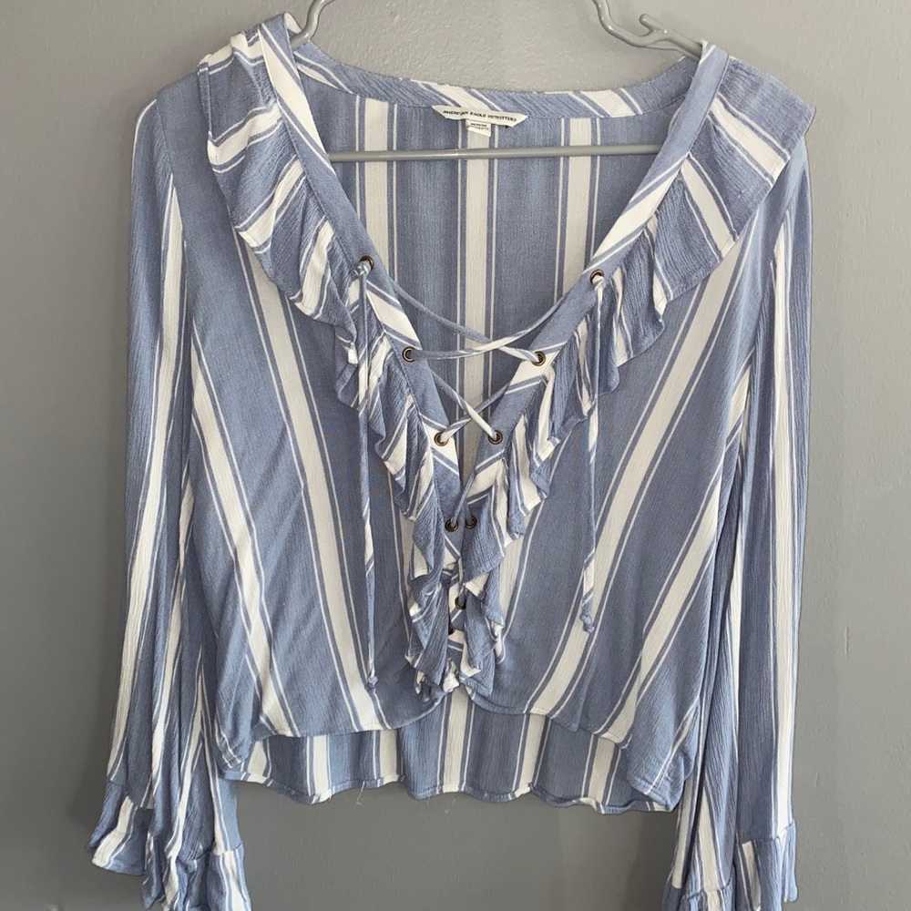 American Eagle Blue Tie Front Blouse Top